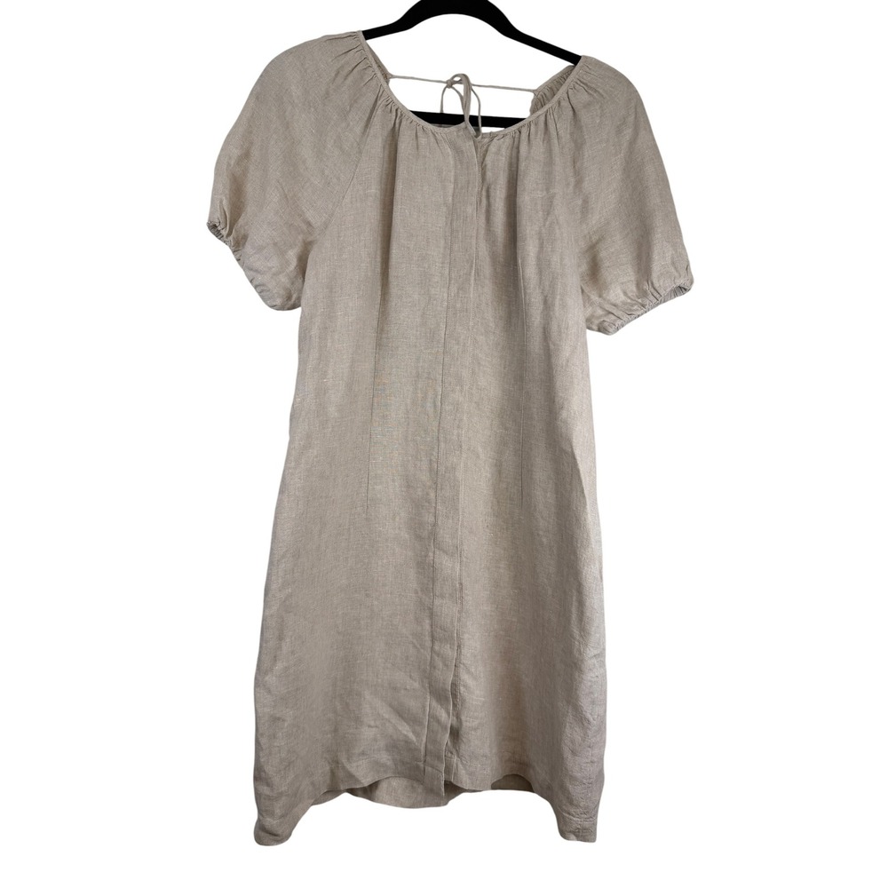 J.Crew Women Beige 100% Linen Puff Sleeve Hidden Button Shift Dress Size 2
